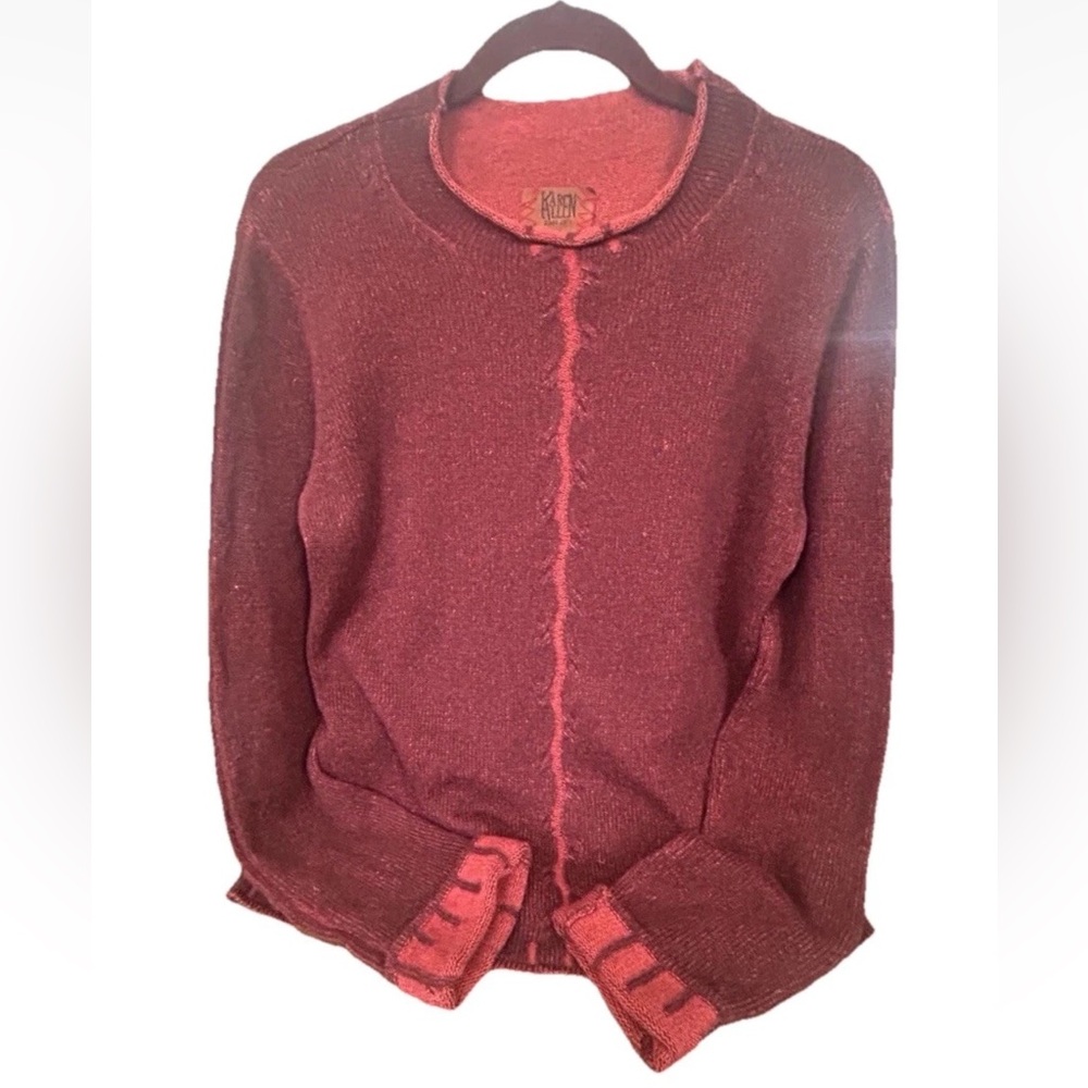 Karen Allen Fiber Arts Cashmere Verona Sweater Large Red Exposed Seam Knit